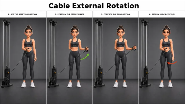 Cable External Rotation exercise guide showing 6 movement steps using low cable and D-handle