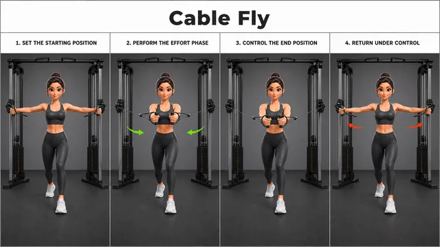 Cable Fly exercise guide showing 3 movement steps using dual cable machine and D-handles