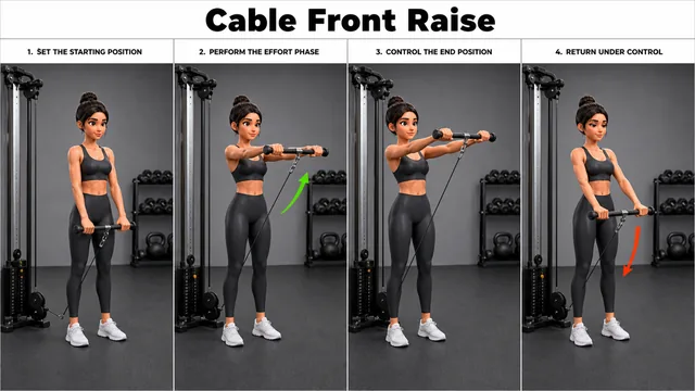 Cable Front Raise exercise image showing key movement positions with low cable