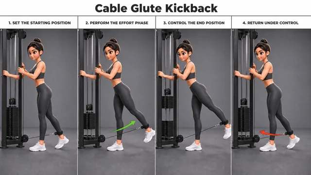 Cable Glute Kickback exercise guide showing 4 movement steps using cable station