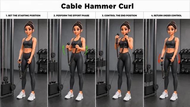 Cable Hammer Curl exercise guide showing 4 movement steps using cable station