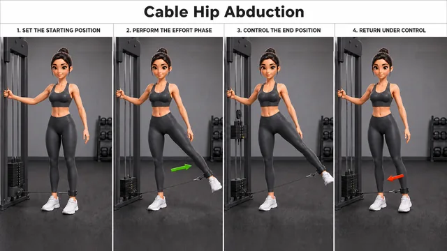 Cable Hip Abduction exercise guide showing 4 movement steps using cable station