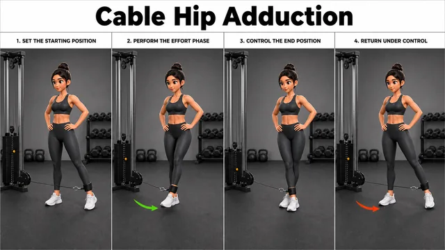 Cable Hip Adduction exercise image showing key movement positions