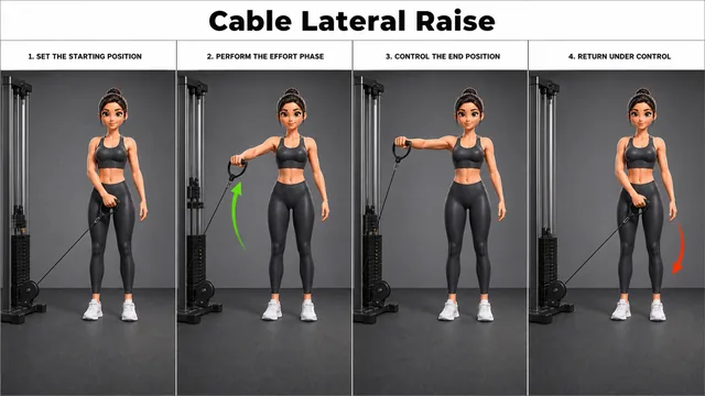 Cable Lateral Raise exercise guide showing 6 movement steps using low cable and D-handle