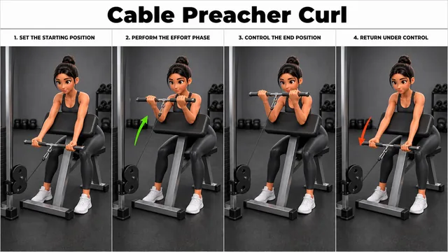 Cable Preacher Curl exercise image showing key movement positions with preacher bench and low cable