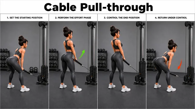 Cable Pull-through exercise image showing key movement positions with low cable with rope