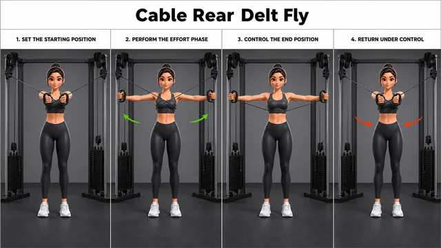 Cable Rear Delt Fly exercise guide showing 3 movement steps using dual cable machine and D-handles