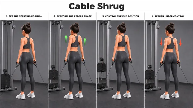 Cable Shrug exercise guide showing 4 movement steps using cable station