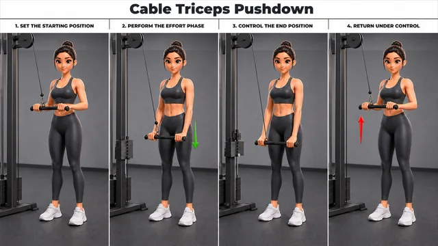 Cable Triceps Pushdown exercise guide showing 4 movement steps using cable station