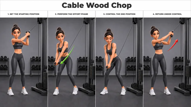 Cable Wood Chop exercise guide showing 4 movement steps using cable station