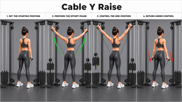 Cable Y Raise exercise guide showing 4 movement steps using cable station