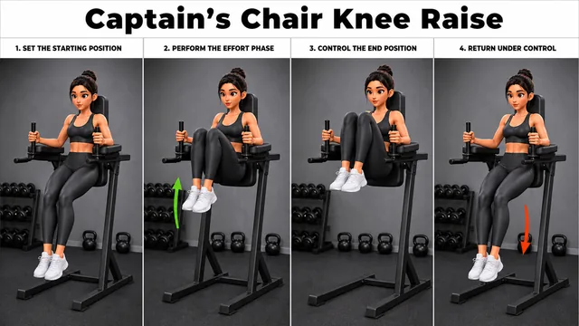 Captain’s Chair Knee Raise exercise image showing key movement positions