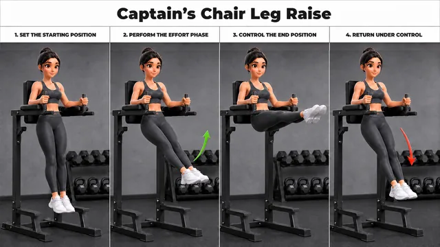 Captain’s Chair Leg Raise exercise guide showing 4 movement steps using captain's chair