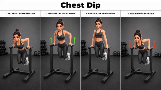 Chest Dip exercise guide showing 3 movement steps using parallel dip bars