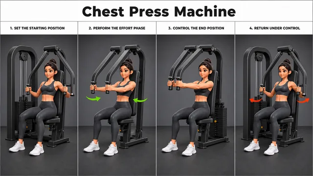 Chest Press Machine exercise guide showing 3 movement steps using chest press machine