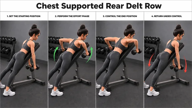 Chest Supported Rear Delt Row exercise guide showing 4 movement steps using dumbbell pair and incline bench