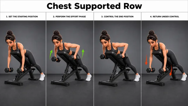 Chest Supported Row exercise guide showing 3 movement steps using incline bench and dumbbell pair