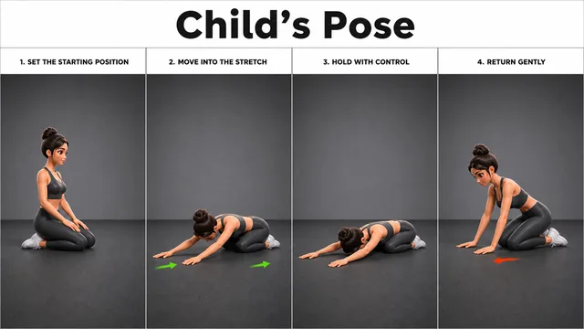 Child’s Pose exercise image showing key movement positions