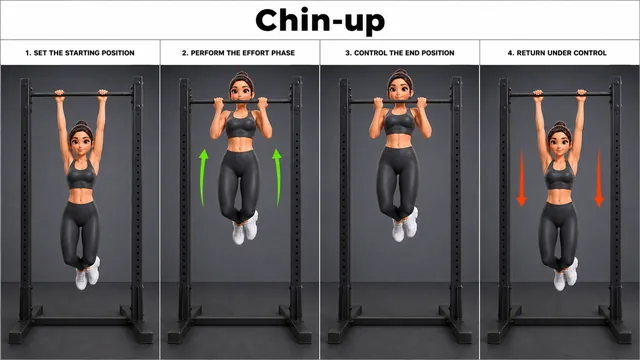 Chin-up exercise guide showing 3 movement steps using pull-up station
