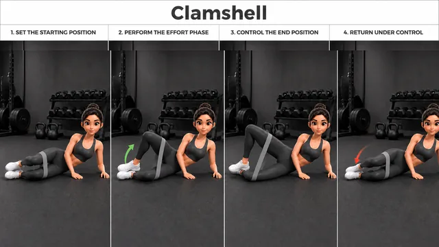 Clamshell exercise guide showing 4 movement steps using resistance band
