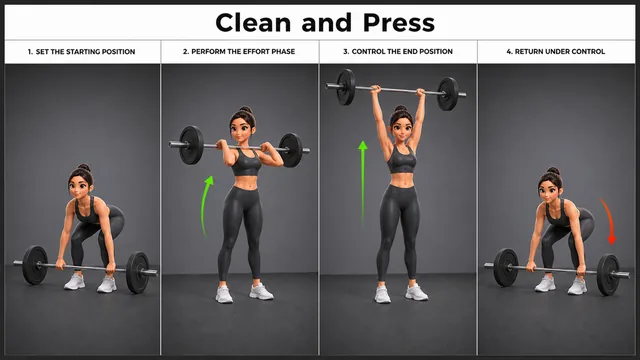 Clean and Press exercise guide showing 4 movement steps using barbell