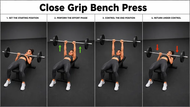 Close Grip Bench Press exercise guide showing 4 movement steps using flat bench and barbell