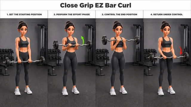 Close Grip EZ Bar Curl exercise guide showing 4 movement steps using EZ curl bar