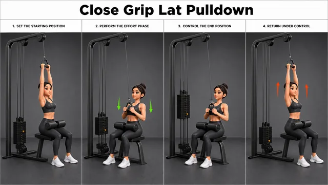 Close Grip Lat Pulldown exercise guide showing 3 movement steps using lat pulldown machine and close-grip attachment