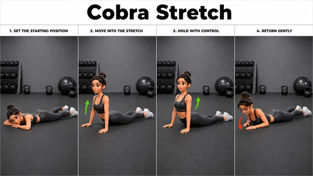 Cobra Stretch exercise image showing key movement positions