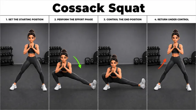 Cossack Squat exercise image showing key movement positions