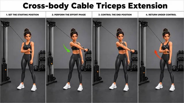 Cross-body Cable Triceps Extension exercise image showing key movement positions with cable station