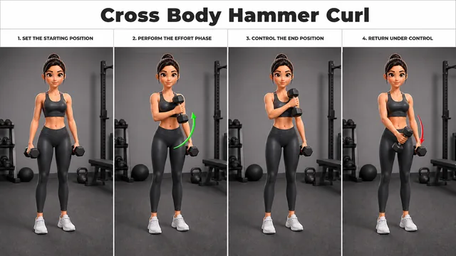 Cross Body Hammer Curl exercise guide showing 4 movement steps using dumbbell pair