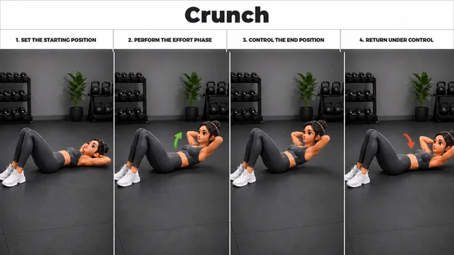 Crunch exercise guide showing 4 movement steps