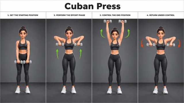 Cuban Press exercise guide showing 4 movement steps using dumbbell pair