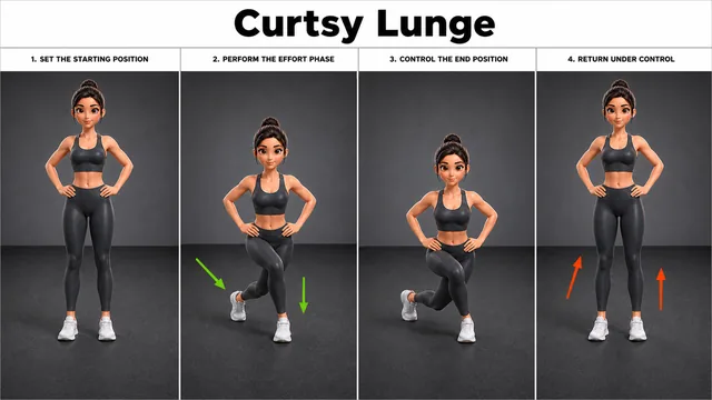Curtsy Lunge exercise guide showing 4 movement steps