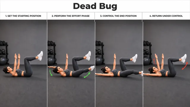 Dead Bug exercise guide showing 4 movement steps