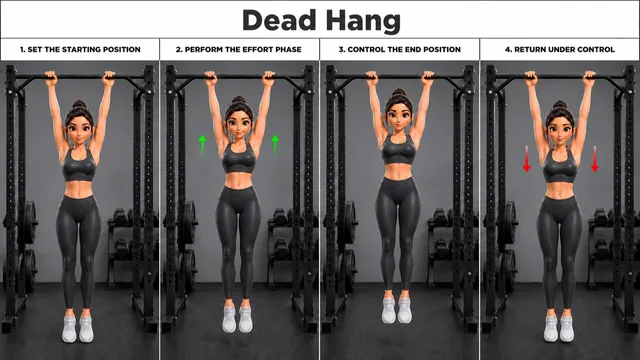 Dead Hang exercise guide showing 4 movement steps using pull-up station