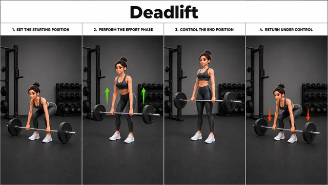 Deadlift exercise guide showing 3 movement steps using barbell