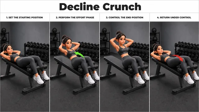 Decline Crunch exercise guide showing 4 movement steps using decline bench