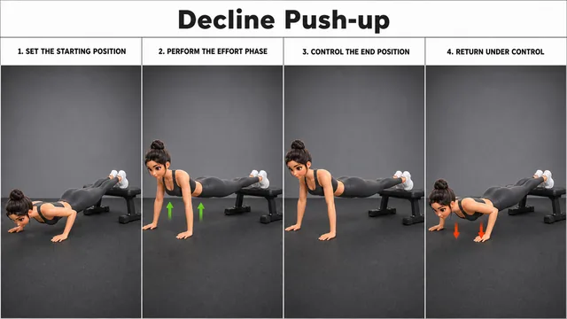 Decline Push-up exercise image showing key movement positions with stable elevated surface