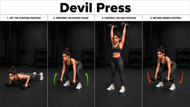 Devil Press exercise guide showing 5 movement steps using dumbbell pair
