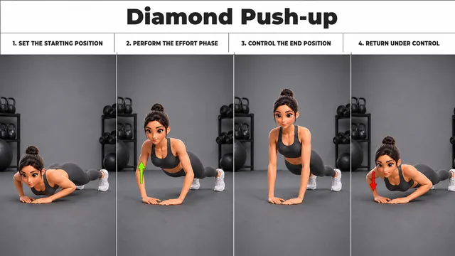 Diamond Push-up exercise guide showing 4 movement steps
