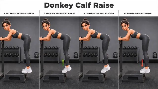 Donkey Calf Raise exercise guide showing 4 movement steps using raised platform