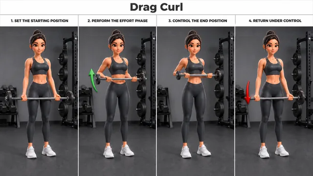 Drag Curl exercise guide showing 4 movement steps using barbell