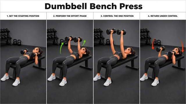 Dumbbell Bench Press exercise guide showing 3 movement steps using flat bench and dumbbell pair