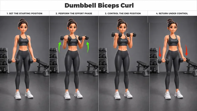 Dumbbell Biceps Curl exercise guide showing 4 movement steps using dumbbell pair