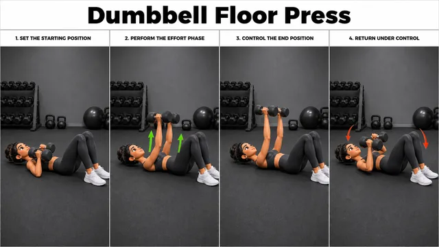 Dumbbell Floor Press exercise image showing key movement positions with dumbbell pair