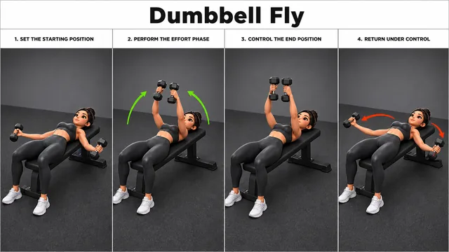 Dumbbell Fly exercise guide showing 3 movement steps using flat bench and dumbbell pair