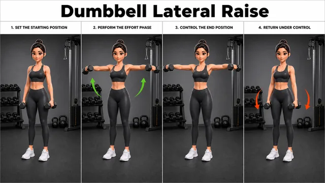 Dumbbell Lateral Raise exercise guide showing 3 movement steps using dumbbell pair