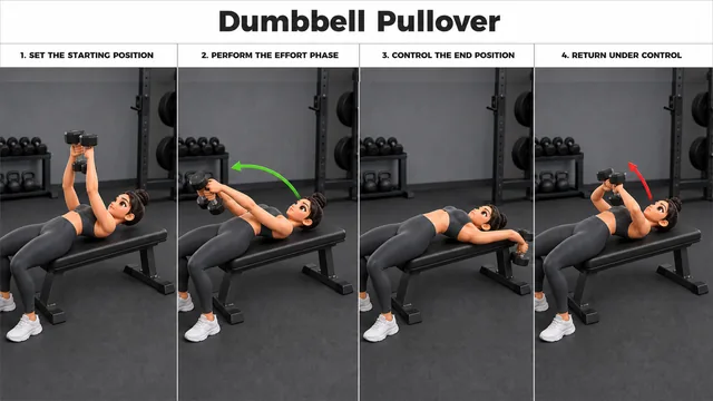 Dumbbell Pullover exercise guide showing 4 movement steps using dumbbell pair and flat bench